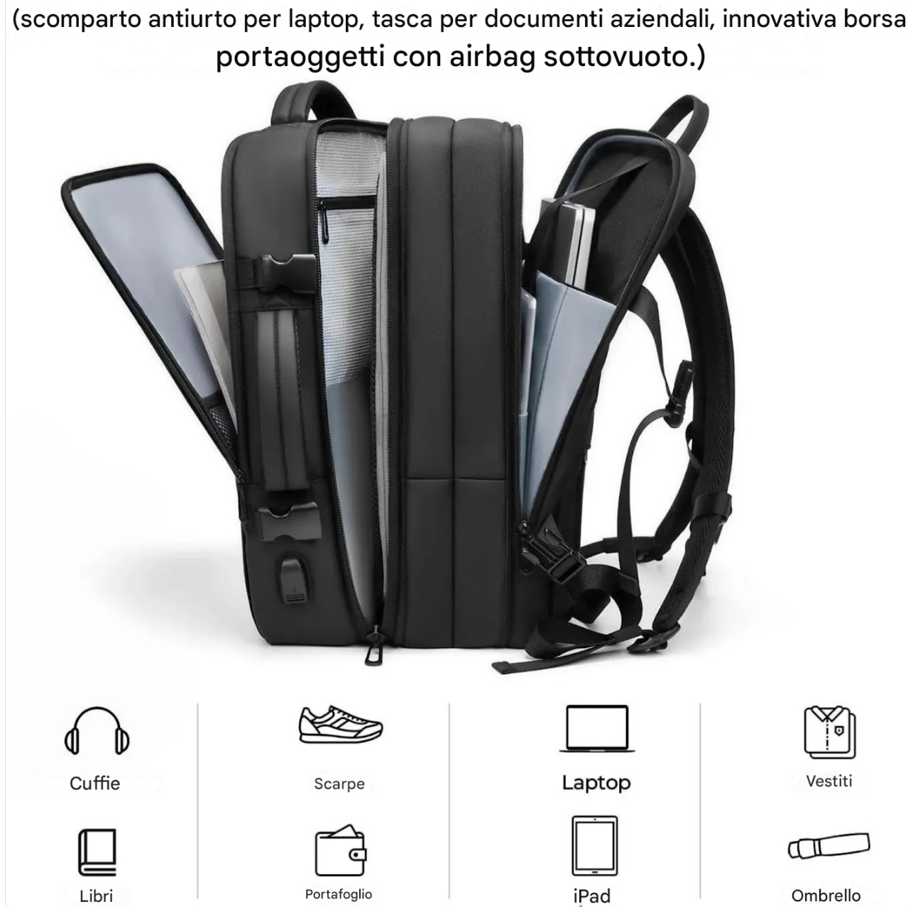 Zaino da Viaggio Espandibile con Compressione Sottovuoto da 60L – Bagaglio a Mano
