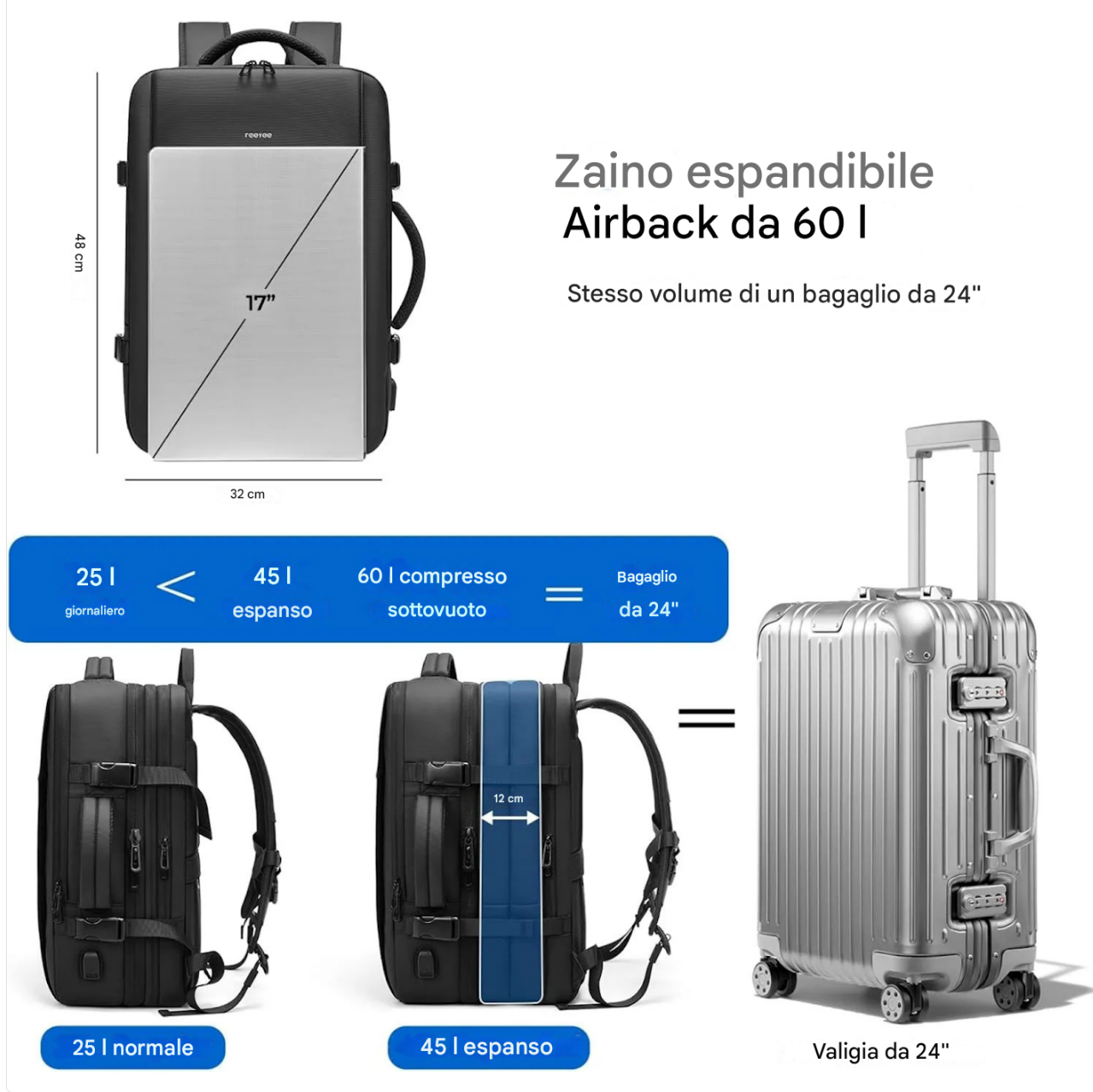 Zaino da Viaggio Espandibile con Compressione Sottovuoto da 60L – Bagaglio a Mano
