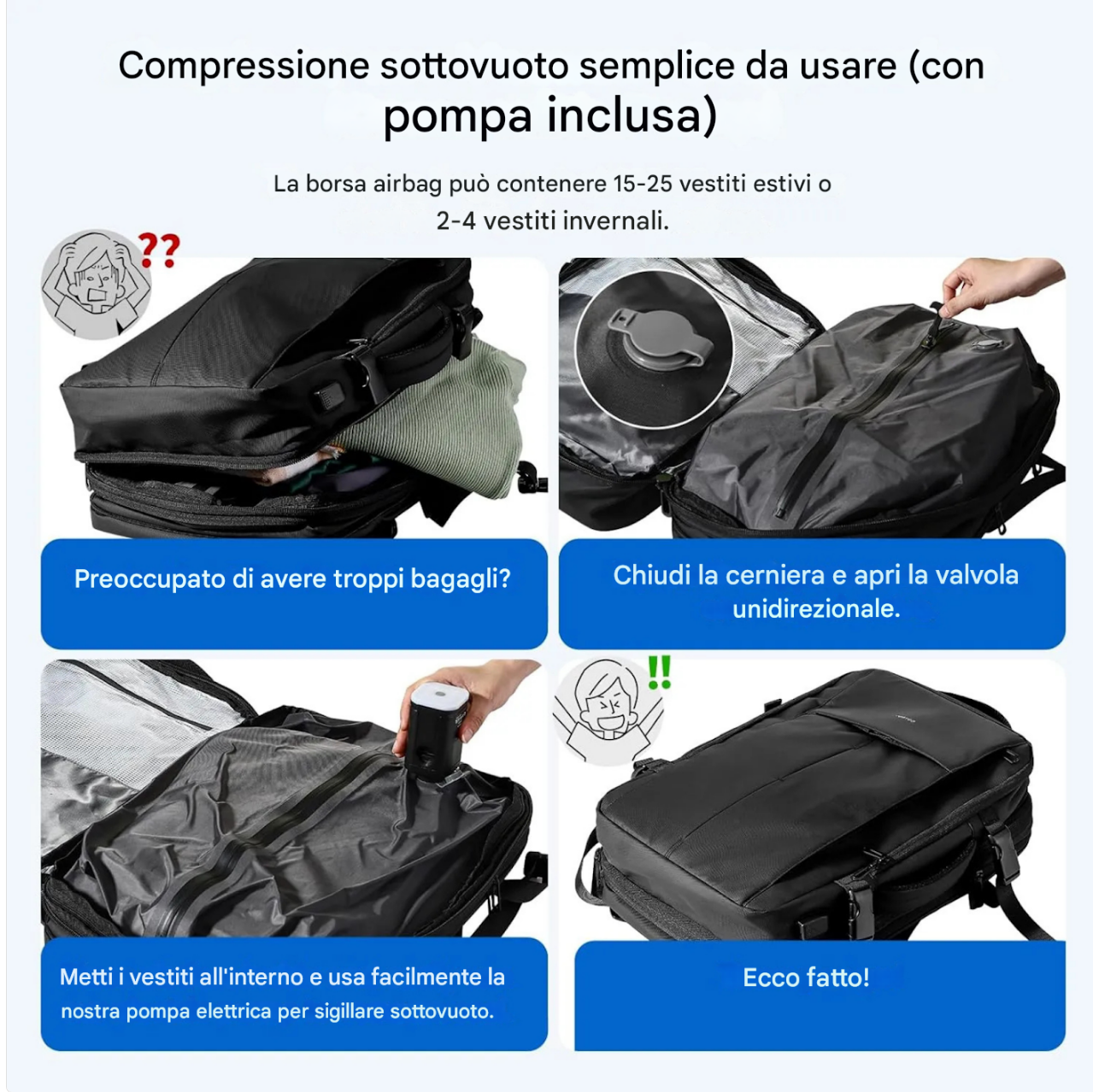Zaino da Viaggio Espandibile con Compressione Sottovuoto da 60L – Bagaglio a Mano